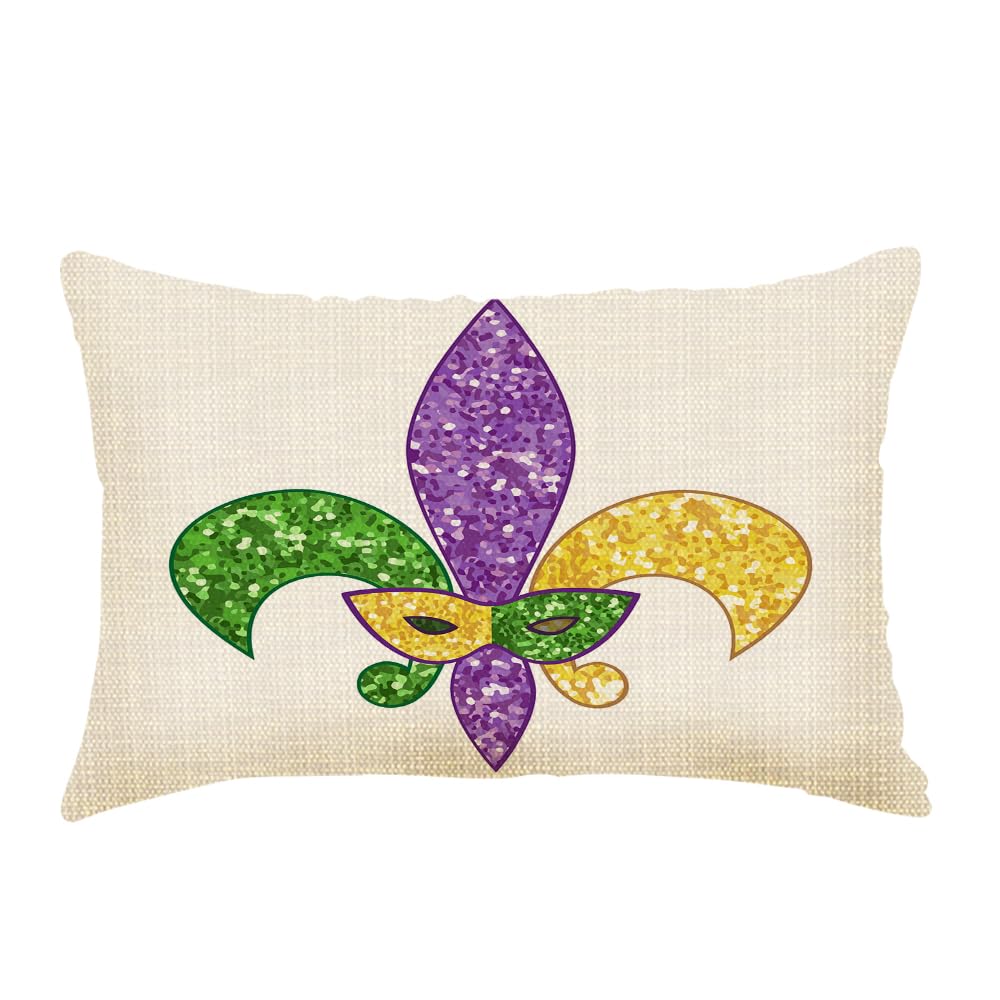 rkouqak Throw Pillow Covers Beautiful Fleur De Lis Mardi Gras Purple Green Yellow Flower Pillow Cases Cotton Linen Waist Lumbar Cushion Cover Sofa Home Decorative Rectangle 12x20 Inches, Rqk-YZ083