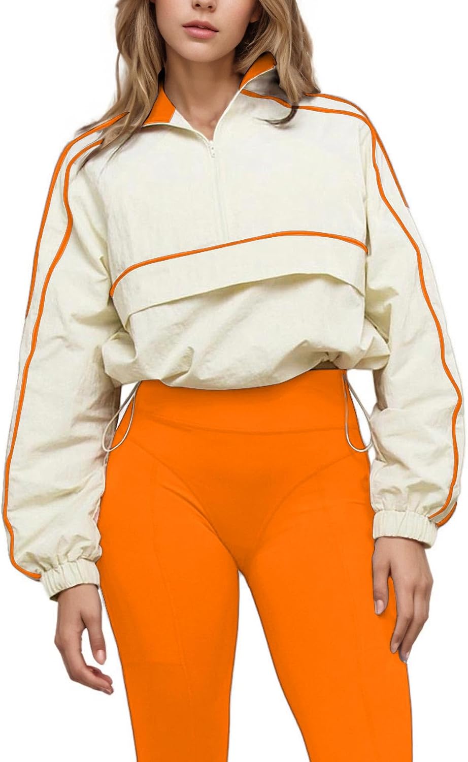 Women Stretch Water Repellent Half Zip Crop Windbreaker Jacket Stand Collar Contrast Piping Lightweight