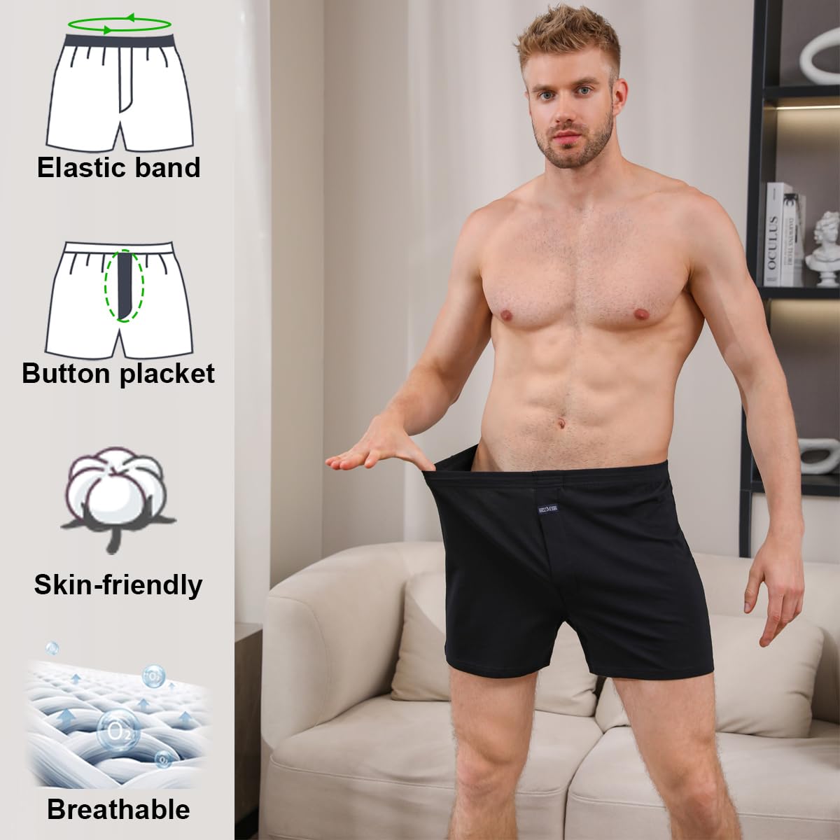 3 Pièces Caleçon Lâche Homme 100% Coton Tricot Amples Respirants Ultra Confortables sous-vêtements Homme M - 3XL