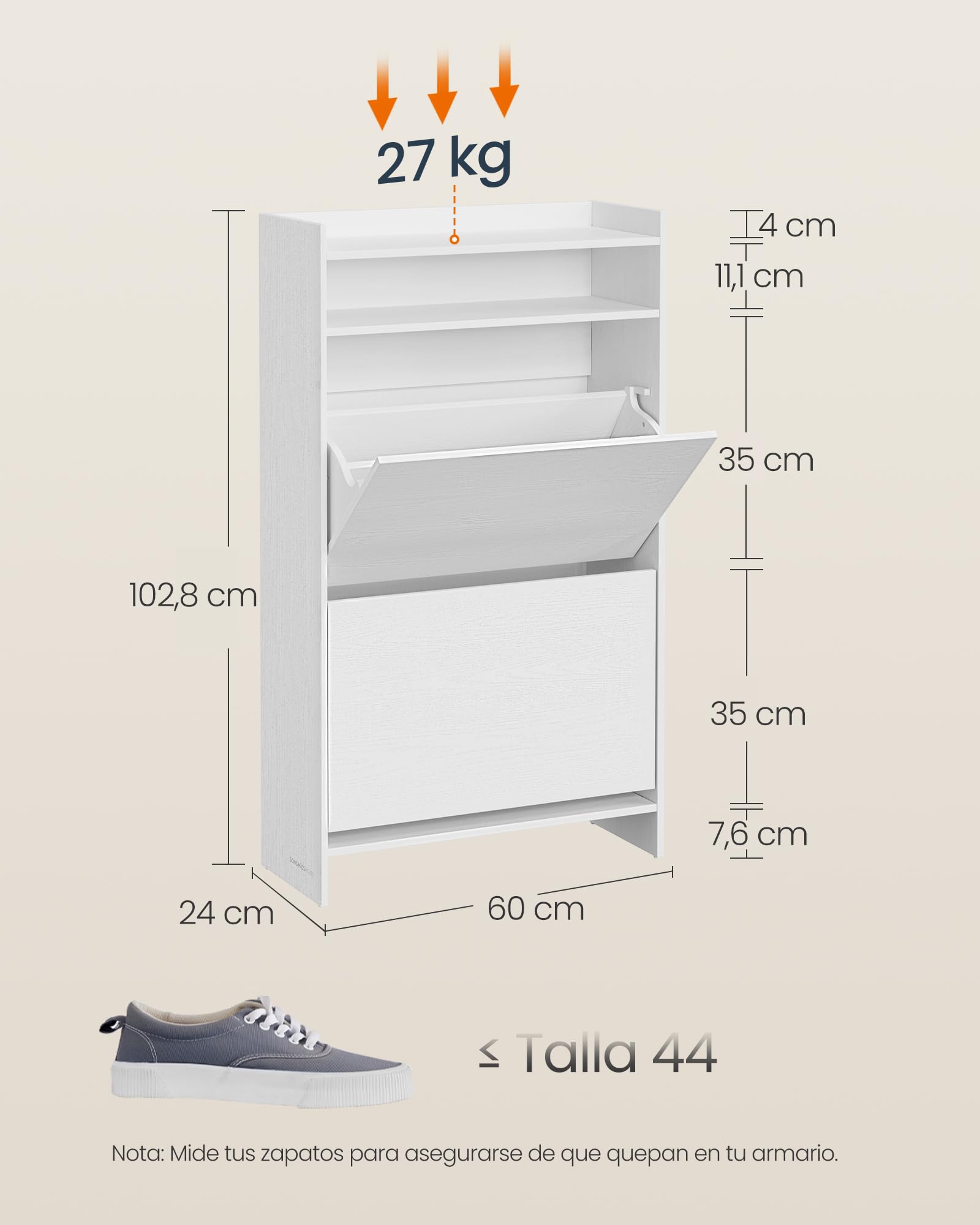 SONGMICS Home Zapatero con 2 Puertas Abatibles, Montaje Súper Rápido Sin Herramientas Toolless, Mueble Zapatero Estrecho, Separadores Ajustables, Moderno, Blanco Nieve LBC228WE01