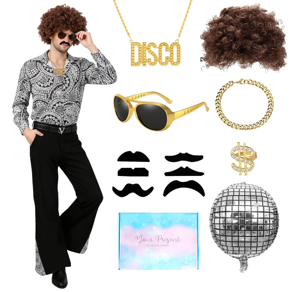 Men's Disco Costume, 70s Disco Costume with Disco Accessories, Glasses, Necklace, 70s 60s Costumes for Costumes Man Carnival Disco Party Festival, Cosplay, Halloween