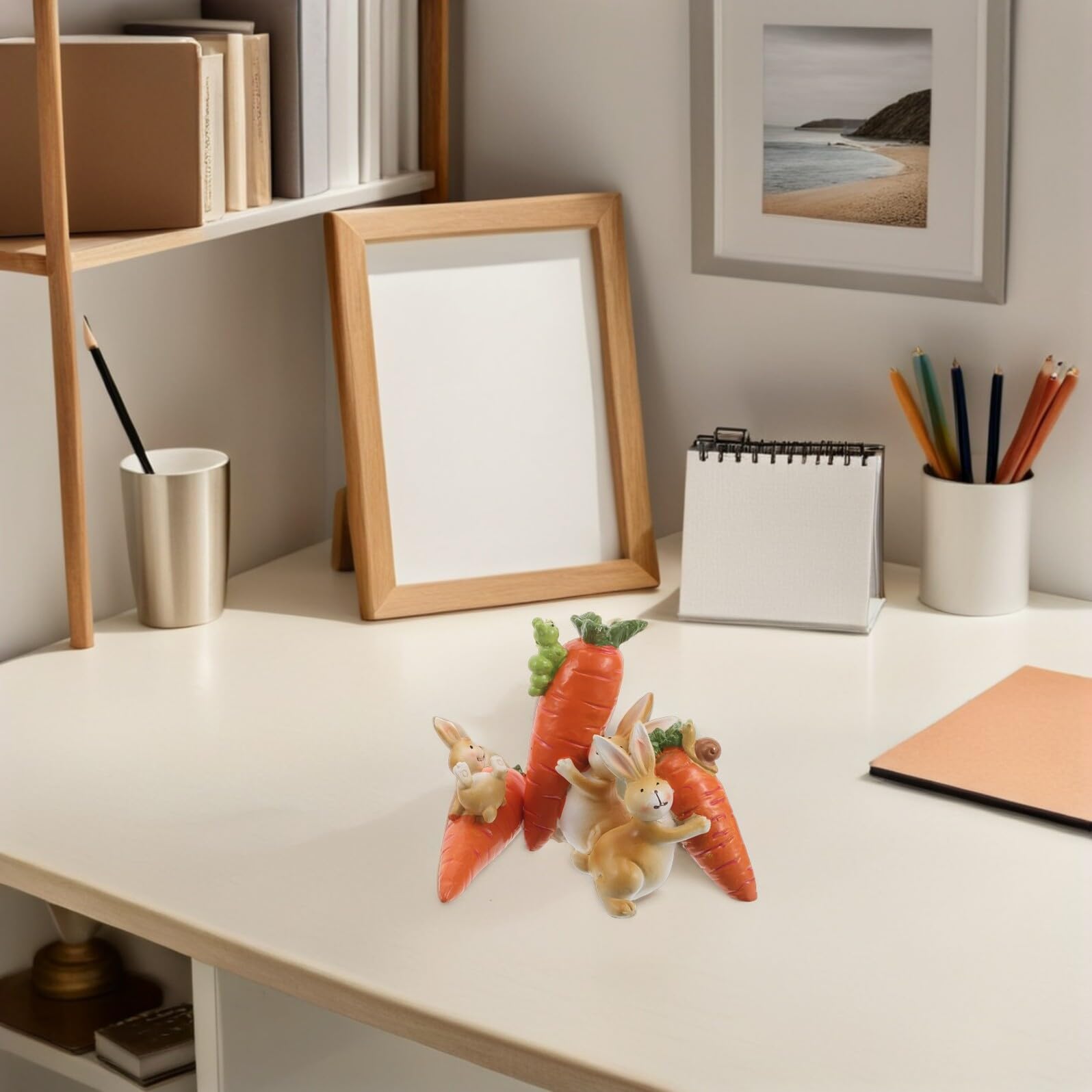 Figuras de Conejito de Pascua de Resina 3 Piezas con Zanahoria, Decoración Pequeña para Escritorio y Estantería, Adornos de Primavera para Hogar y Oficina, Colección