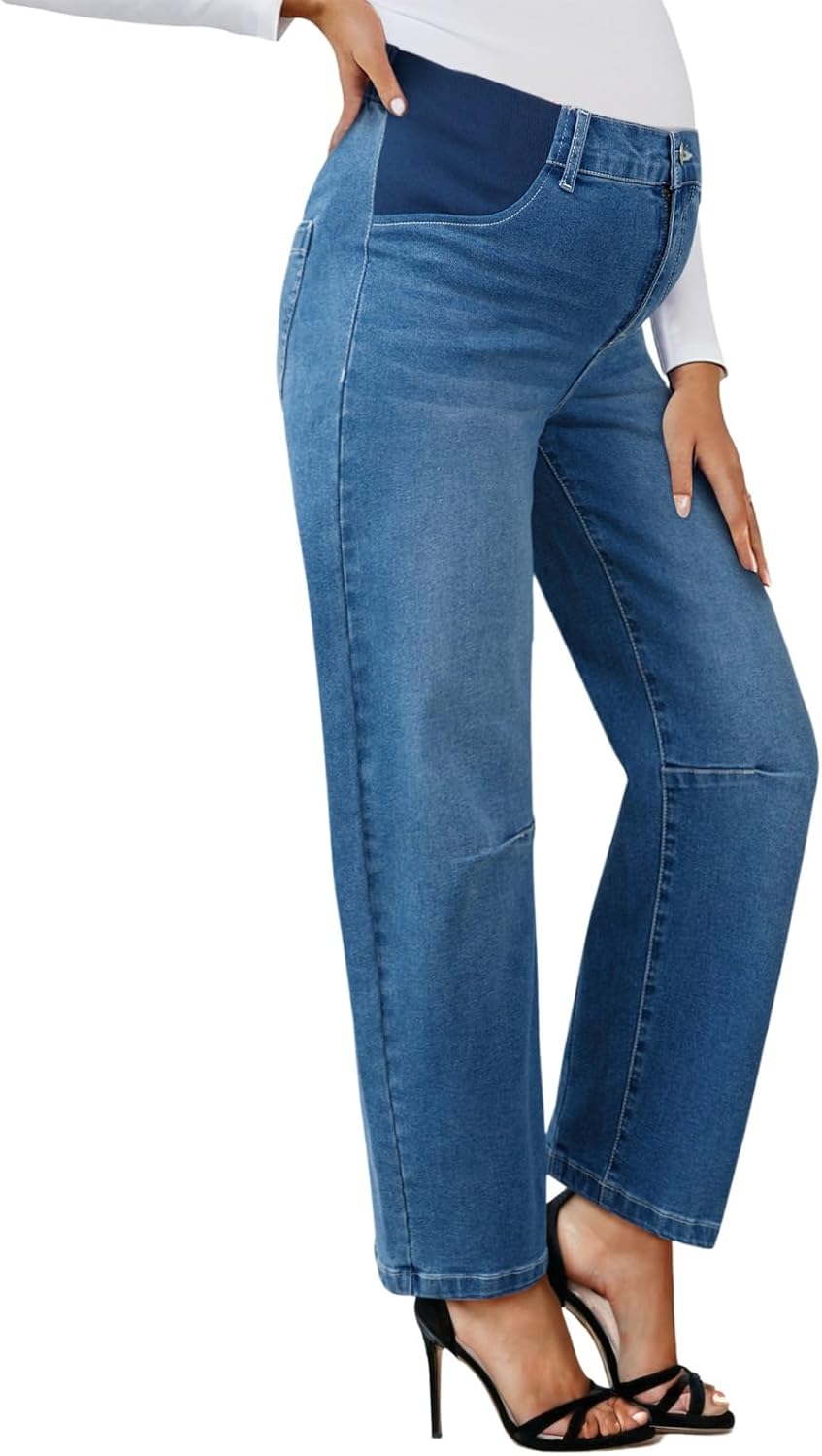 BLENCOT Women's Maternity Jeans Elastic Hight Waist Stretch Barrel Jeans Wide Leg Side Panel Pregnancy Denim Pants - Image 2