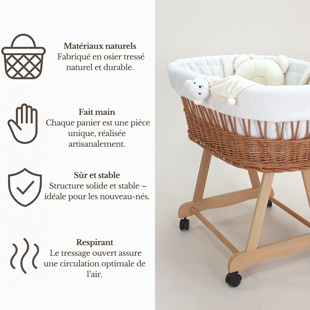WIKLINOPOL Berceau – Couffin tressé à la Main Naturel avec châssis et Matelas – Ensemble de literie Teddy 5 pièces écru – Couffin bébé Portable à roulettes – Idéal pour Nouveau-né