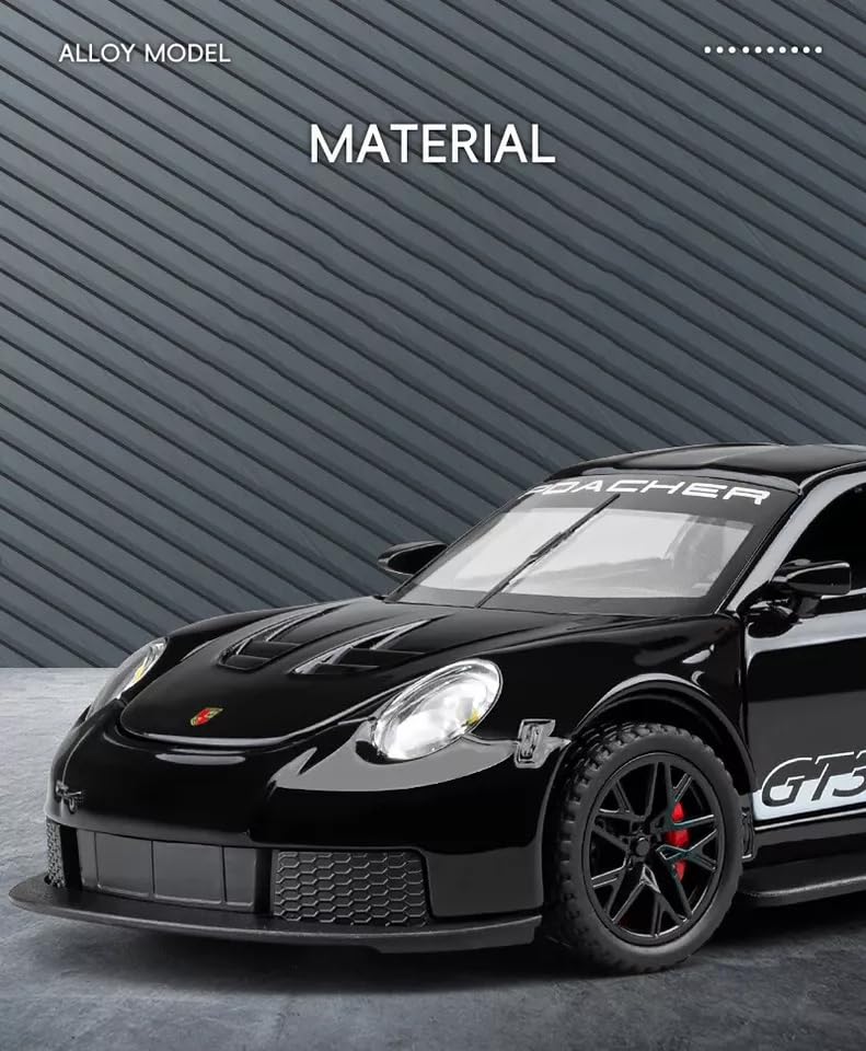 Image of PEZYOX 1:32 Porsche 911 GT3 RS Diecast Model Pull Back Toy Car with Sound & Light Openable Doors Miniature Racing Car for Kids & Collectors Gift for Boys & Adults (Black)