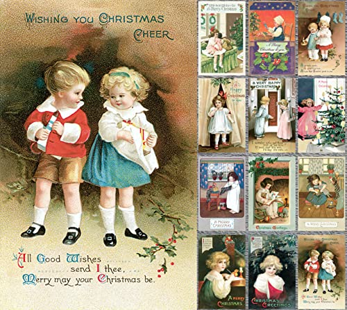 Image of PIXILUV CHRISTMAS CHILDREN (Pack of 12) Notecards Small Greeting Cards # Cute Christmas Children and Sweet Wishes ~ Vintage Christmas Postcards Reprint