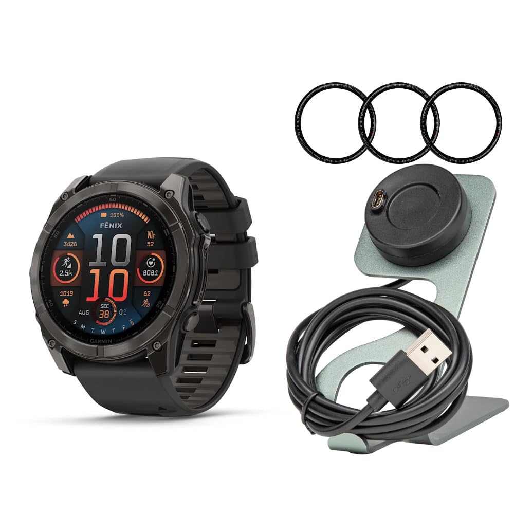 Garmin Fenix 8 AMOLED Sapphire 51mm GPS Smartwatch Black and Pebble Gray Bundle with Portable Charger Stand and