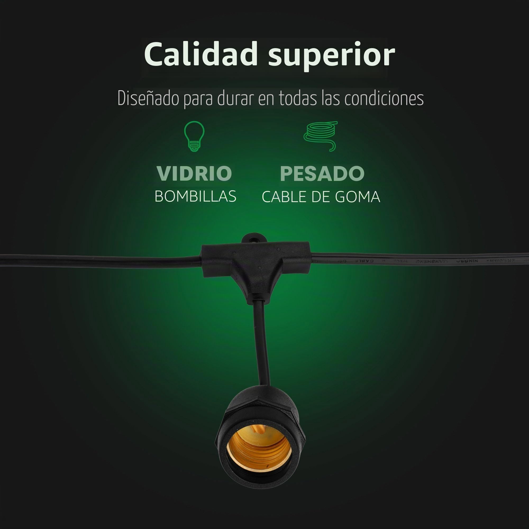 Ledvion - Guirnalda LED, 10M, Incluye 10x E27 LED Dorado, 1W, 2100K, Incluye 10 Bombillas Filamento Dorado LED, IP65