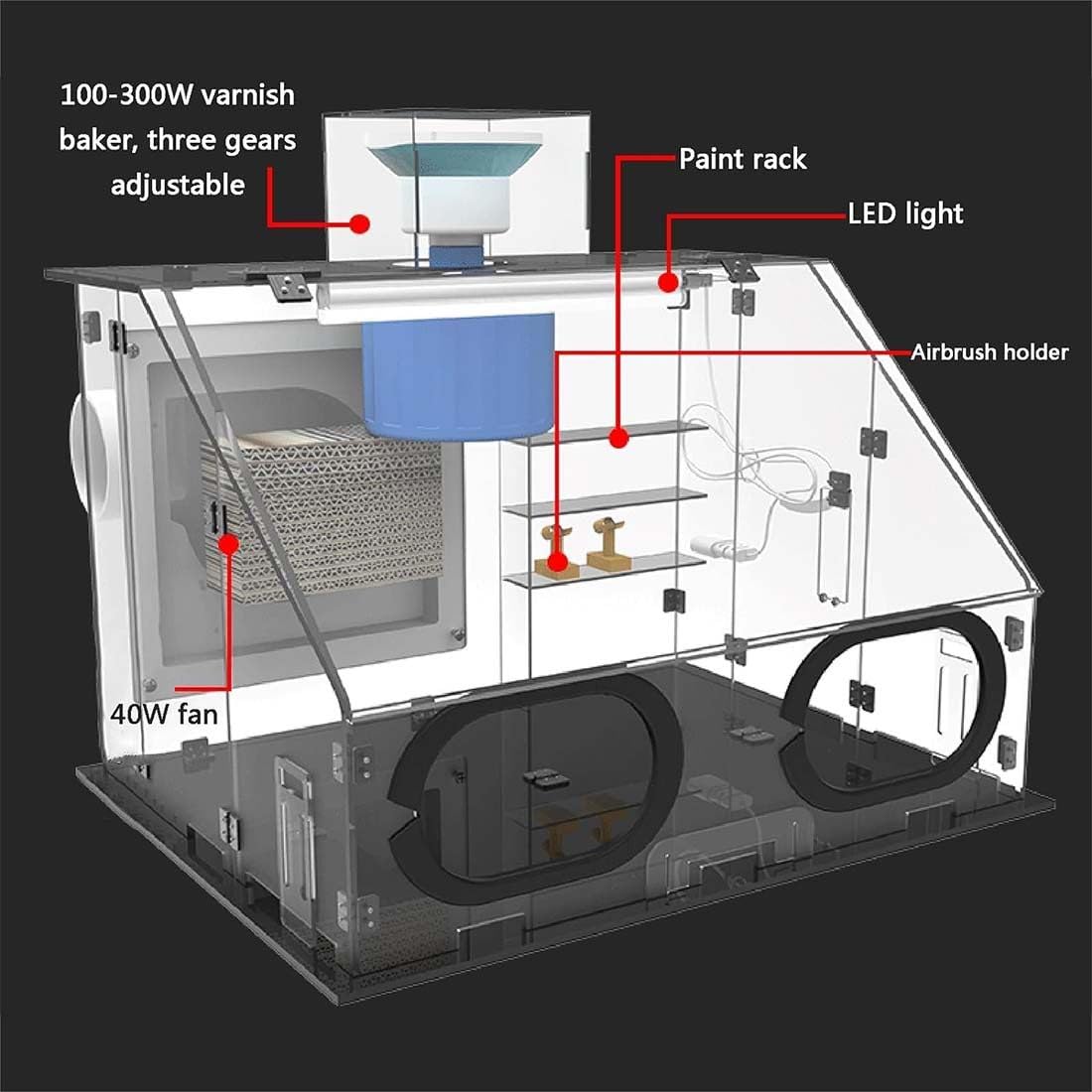 Kabina natryskowa do aerografu, przenośny zestaw do aerografu ze światłami LED 60 cm, mocny wentylator, regulowany wąż do modelarstwa, rękodzieła, dzieła sztuki, 70 x 47 x 40 cm
