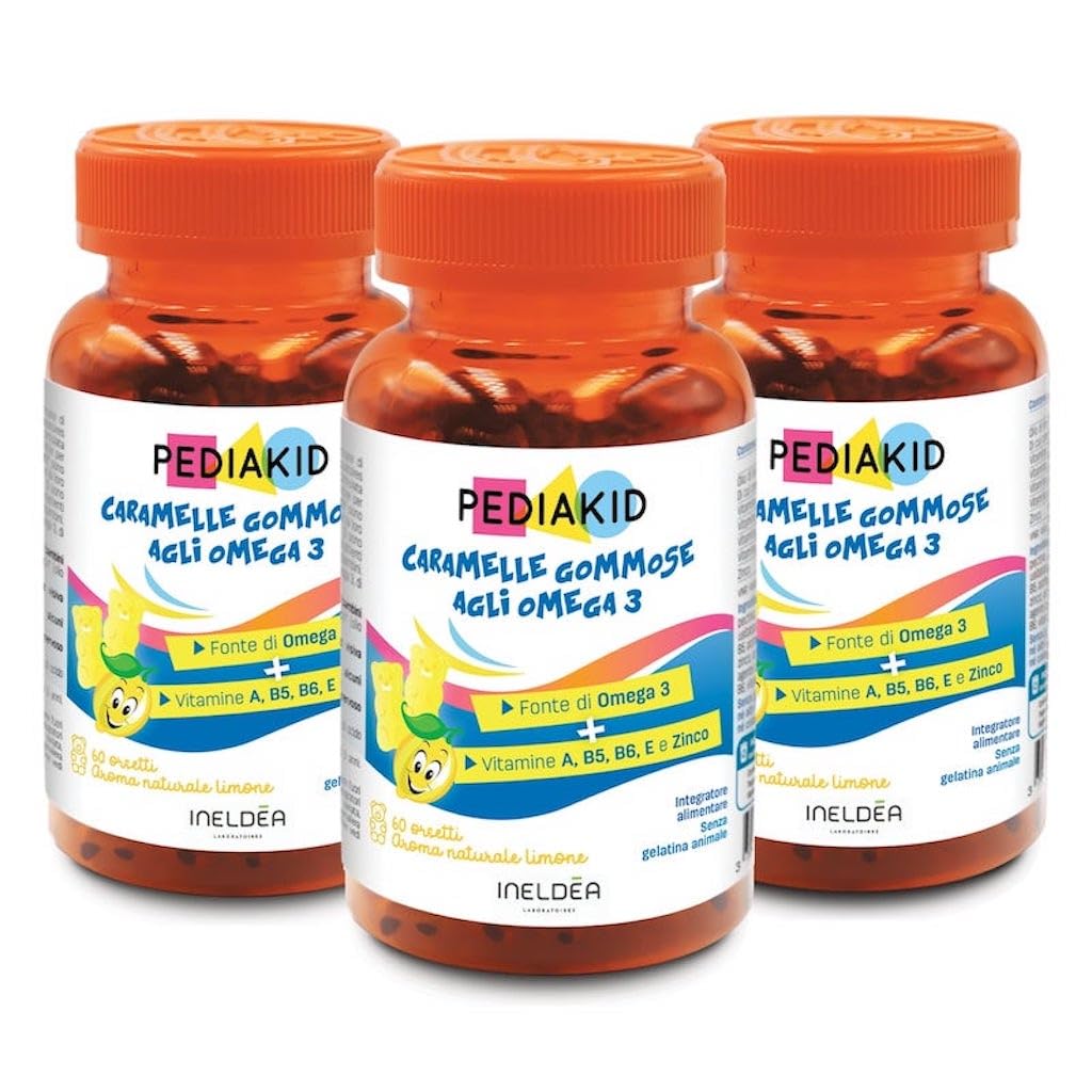 PEDIAKID - Caramelle Gommose Omega 3 - Formula naturale al delizioso aroma di Limone - Sostiene le funzioni cognitive - Contribuisce a una crescita e a uno sviluppo normali - 3 x 60 orsetti