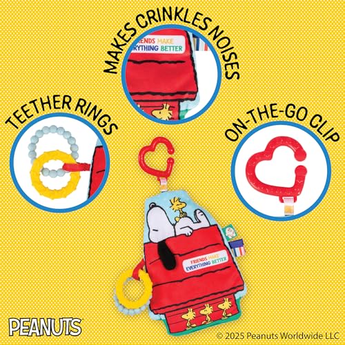 Image of Kids Preferred Peanuts Snoopy Sensory Crinkle Teether Toys for Newborn Baby Boys and Girls with On-The-Go Clip for Stroller and Car Seat, 10 inches