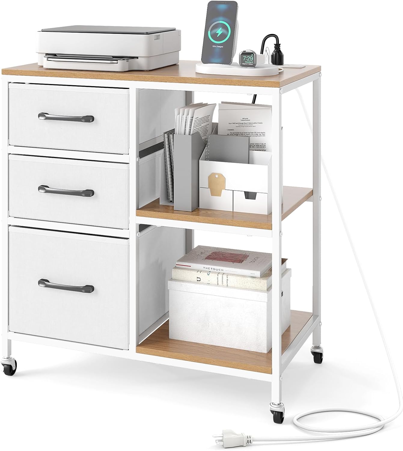 GOFLAME 3 Drawer Mobile File Cabinet with Charging Station, Rolling Printer Stand with Open Storage Shelves, Wooden Storage Cabinet on Wheels for Home Office (Natural and White)
