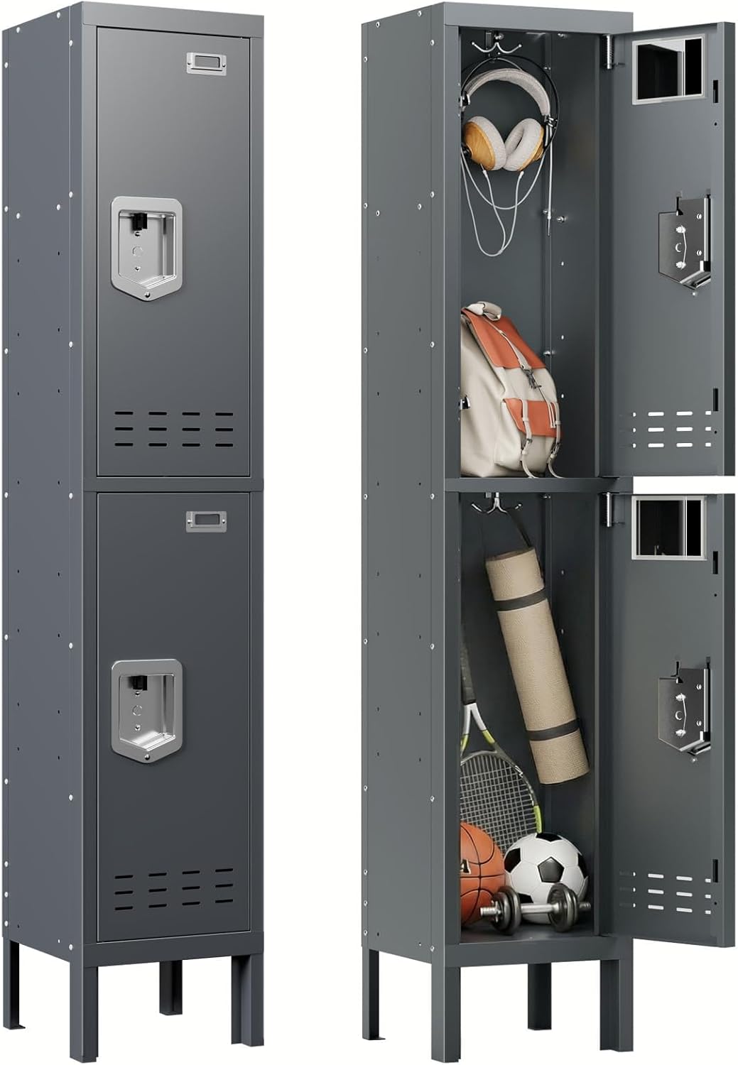 BUTISOW Metal Storage Locker with Lock & Card Slot Locker - Secure Lockable Door - Steel Locker for School, Office, Gym, Home - 66.15" H x 11.8" W x 11.8" D（2 Door, Grey）