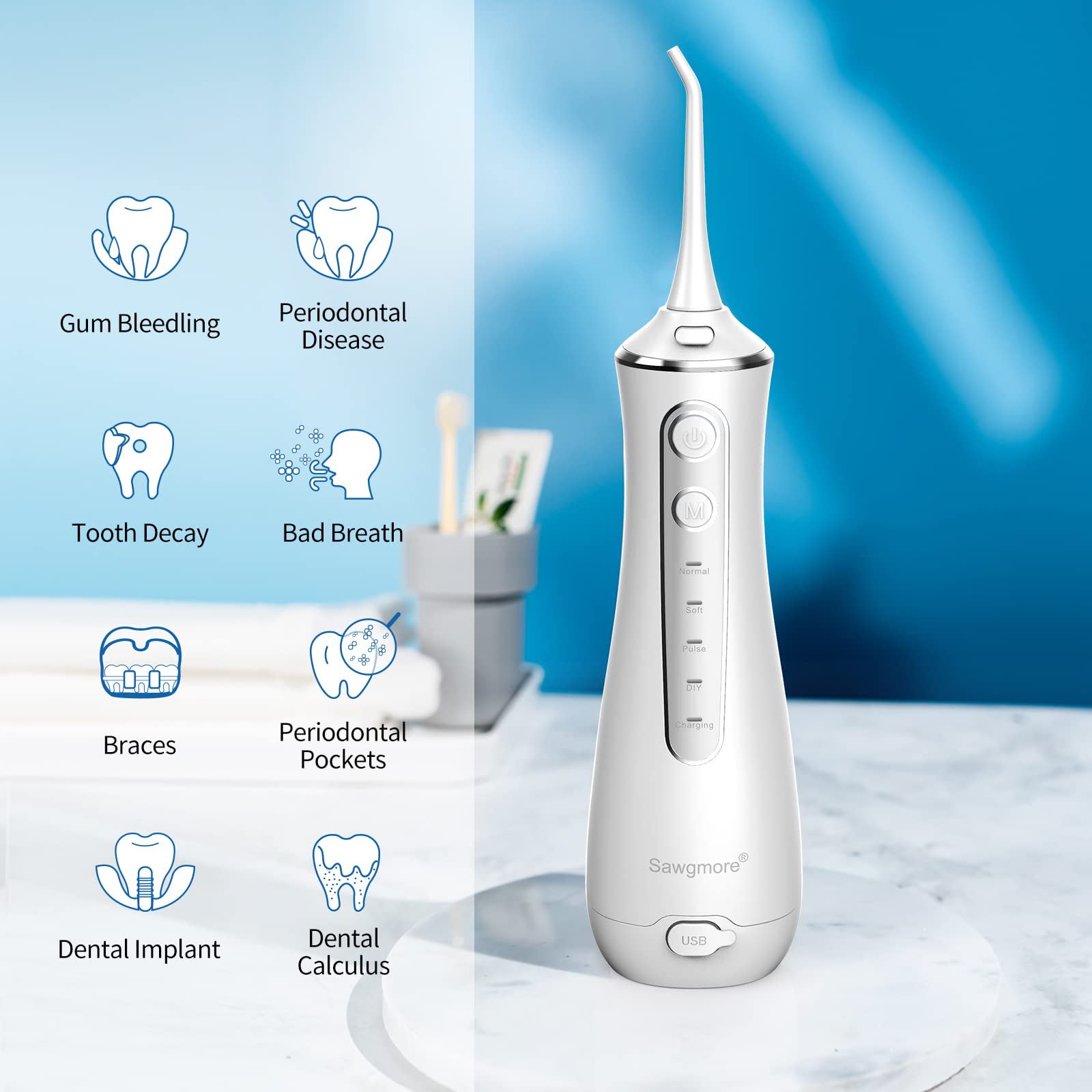 Sawgmore Irrigador Bucal Portatil, Irrigador Dental con 4 Modos y 4 Boquillas de Repuesto, Recargable por USB, Impermeable IPX7 Water Oral Flosser Limpieza Dientes Ideal para Viajes a Casa