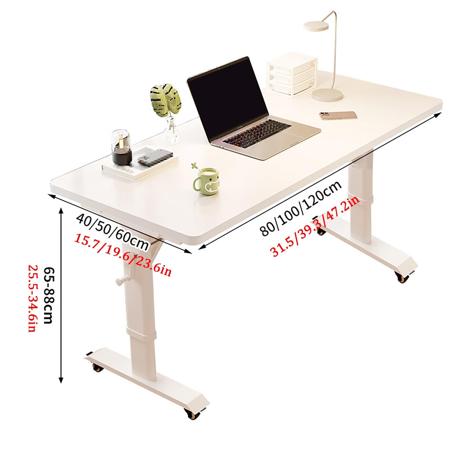 SDdPulse Scrivania regolabile a manovella con ruote bloccabili per casa e ufficio, scrivania mobile per gambe in metallo, per videogiochi, colore: marrone, 80 x 40 cm