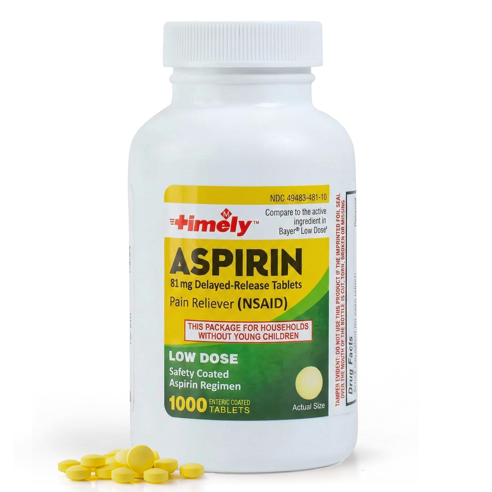 TIME-Cap Labs 1000 Tablets Low Dose Aspirin 81mg Enteric Coated - NSAID Pain Reliever & Fever Reducer for Adults, Helps with Minor Aches, Headaches, Muscle Pain, Toothaches, and Joint Discomfort