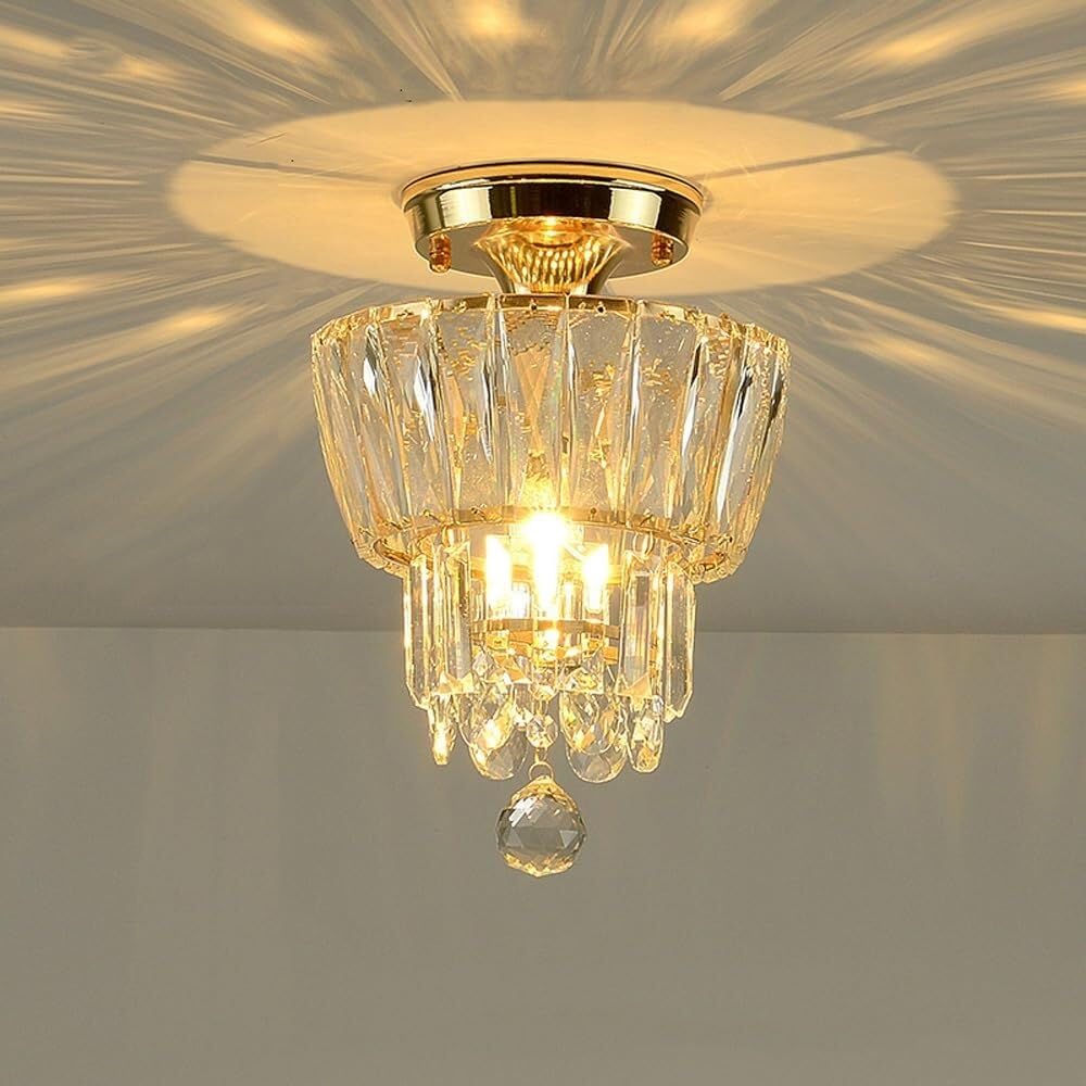 LYMSXAZOU Small Crystal Chandelier Flush Mount Ceiling Light Fixtures Luxury Raindrop Hanging Gold Round Modern Hallway for Bedroom Bathroom Kitchen Entryway Foyer Corridor(Color: