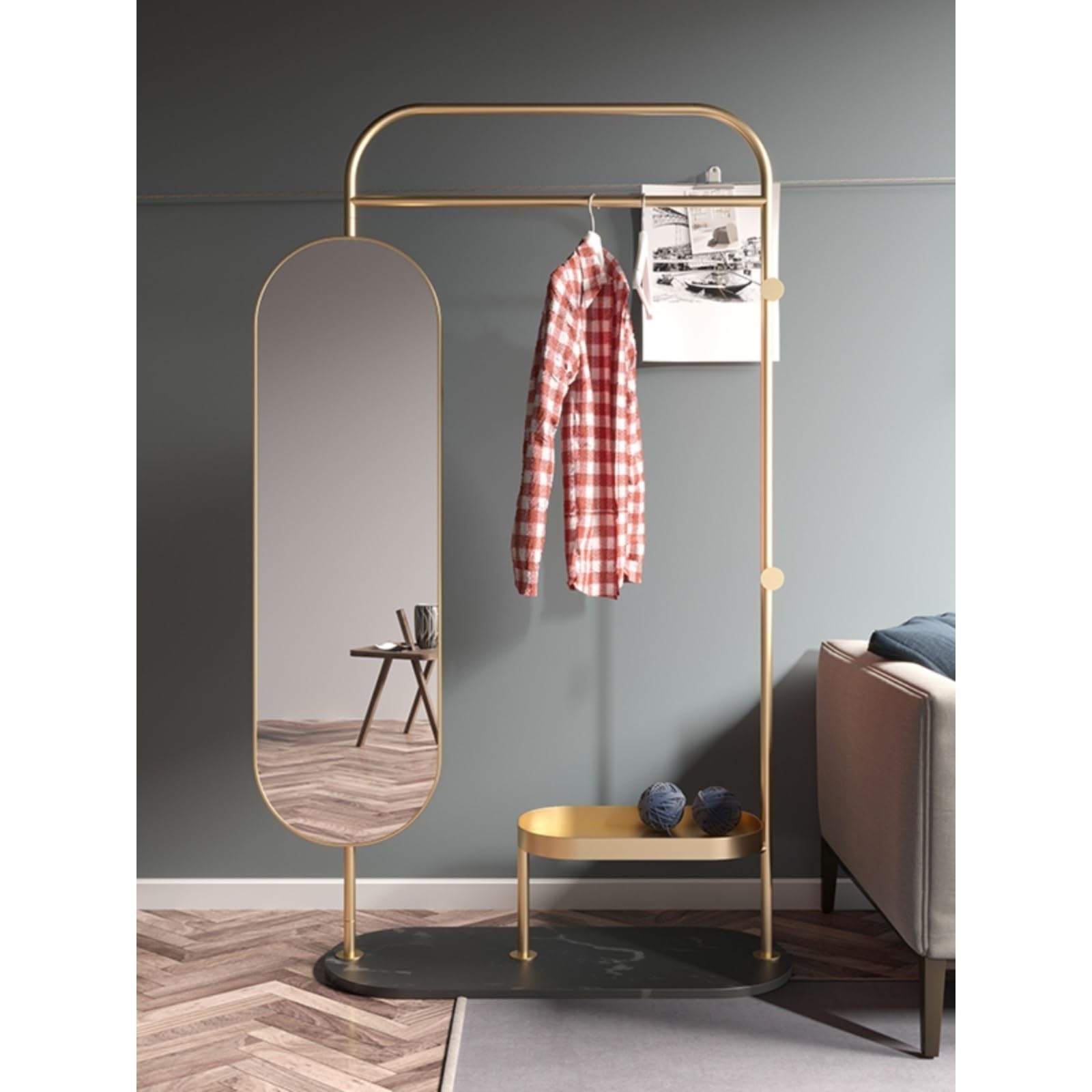 Freistehend Luxuriöser Marmor-Garderobenständer, Ganzkörperspiegel, multifunktionaler minimalistischer Standspiegel