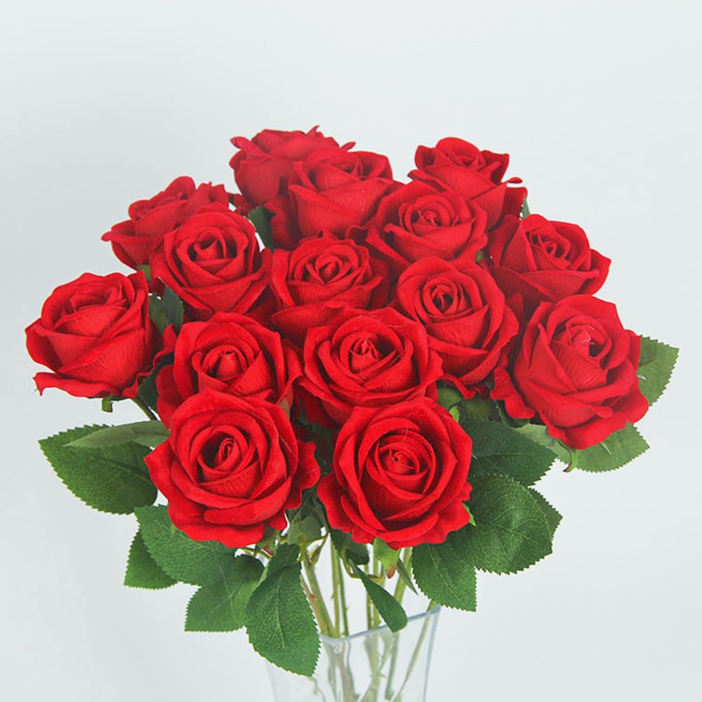 Roses artificielles en soie rouge XIYUAN fleurs sans entretien deco durable bouquet sans fletrir