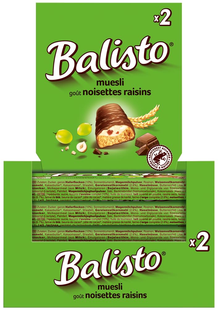 Balisto Riegel Müsli 4x 20x37g Keks mit Vollkorn und einer Crème mit Haselnussgeschmack und Rosinen, umhüllt von Milchschokolade - Schokoriegel Snack Schokolade