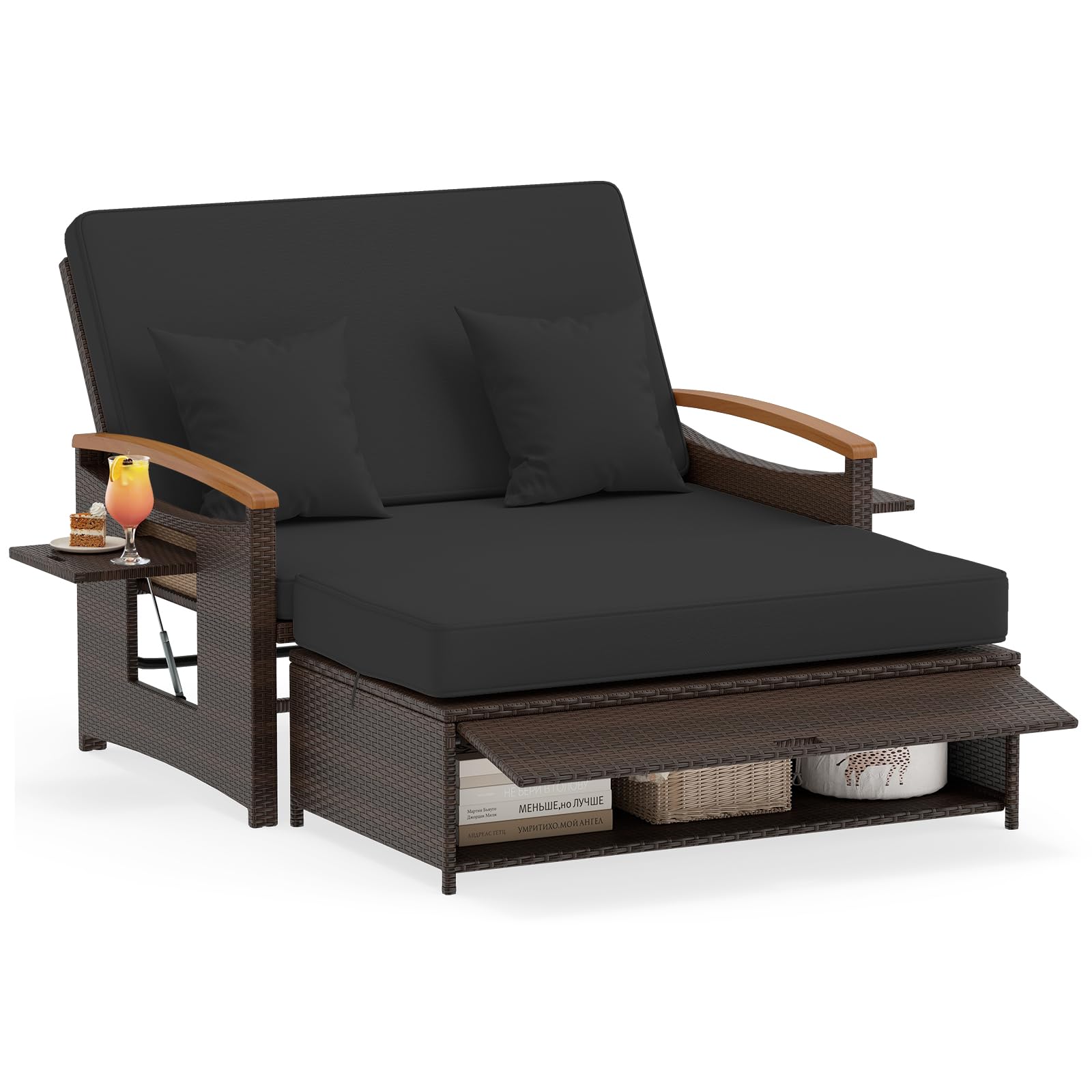 COSTWAY Polyrattan Sonnenliege, Gartenliege mit Verstellbarer Rückenlehne & ausklappbarem Seitenablage, Loungebett, Doppelliege mit Auflage, Gartensofa mit Hocker für Garten, Balkon