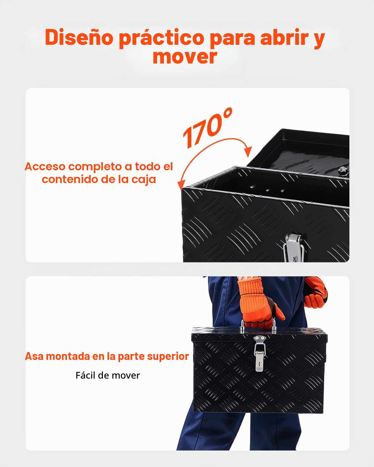 VEVOR Caja de Herramientas de Aluminio Resistente a Caja de Camioneta, con Diseño a Rayas, Asa Lateral y Superior, para Remolque, Camioneta, Autocaravana, 406 x 190 x 254 mm, Negro, Carga 20 kg