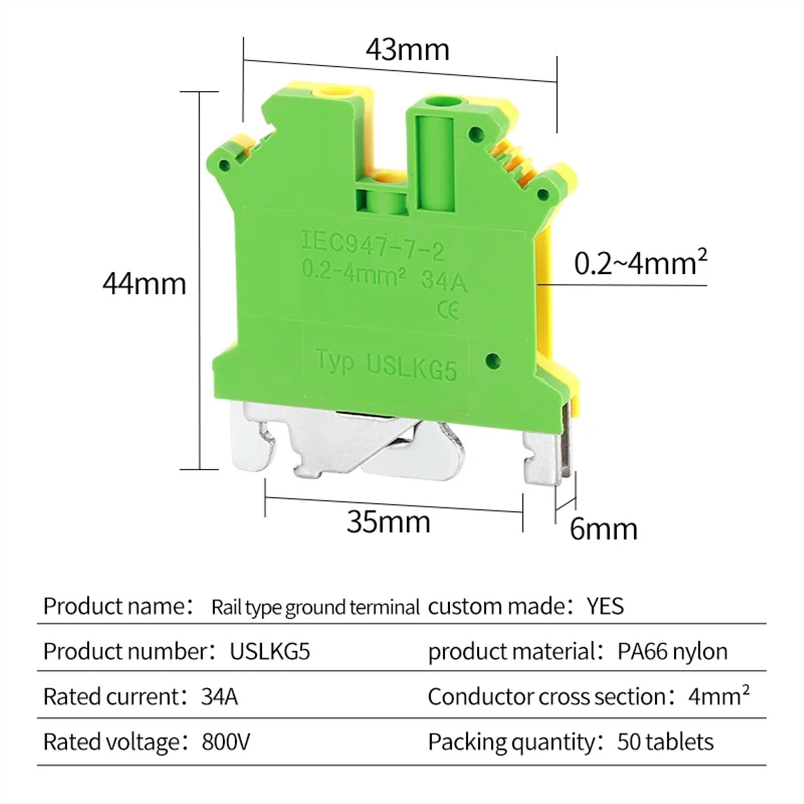 10 Pcs USLKG5 Din Rail Ground Terminal Block Electrical Wrie Conductor Yellow Green Voltage Guide Connection USLKG-5