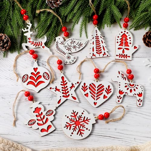 24 Pcs Double-Layer Scandinavian Folk Style Christmas Ornaments 3.7 Inch Wooden Nordic Christmas Tree Hanging Decorations Farmhouse Rustic Hanging Craft Ornaments Decor for Xmas Tree Home - Image 3