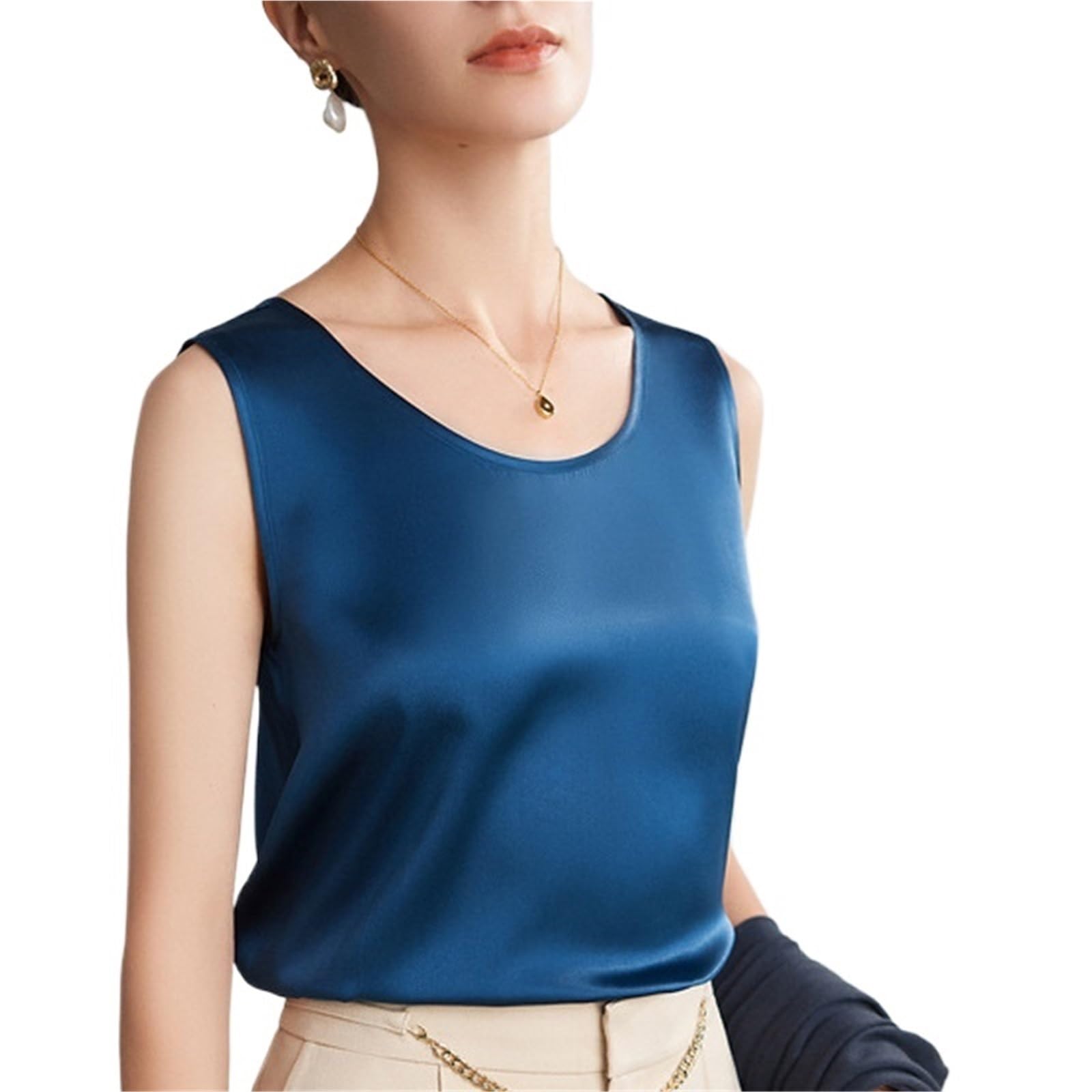 Tops Mujer Camisola Satén Camisetas sin Mangas de Seda Natural Pura for Mujer, Camisetas básicas, Top auténtica, Ropa Verano Multicolor(Blue,XXL)