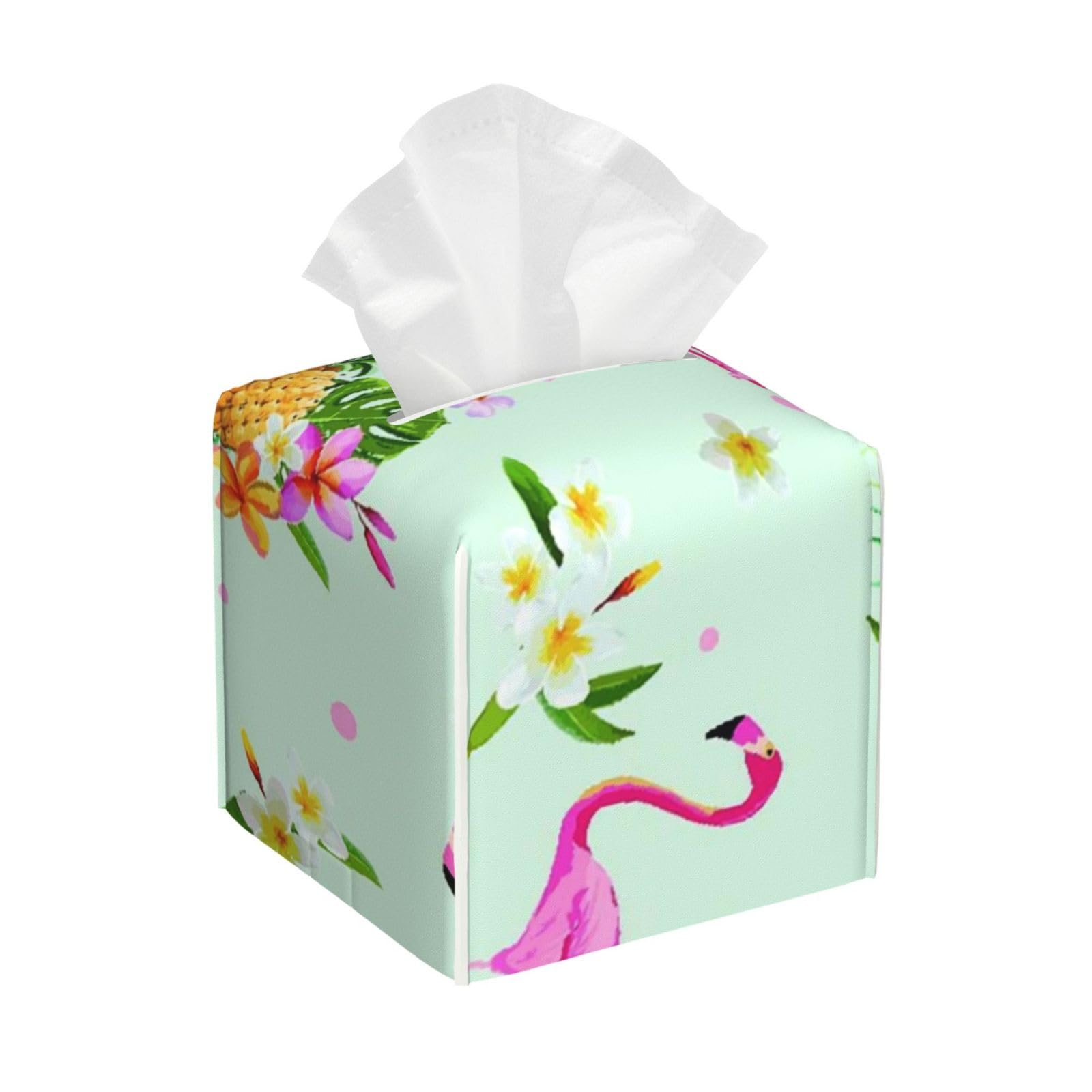 Flamingo Bird and Tropical Flowers Background PVC Cube Tissue Pack for Home Office Bathroom Use