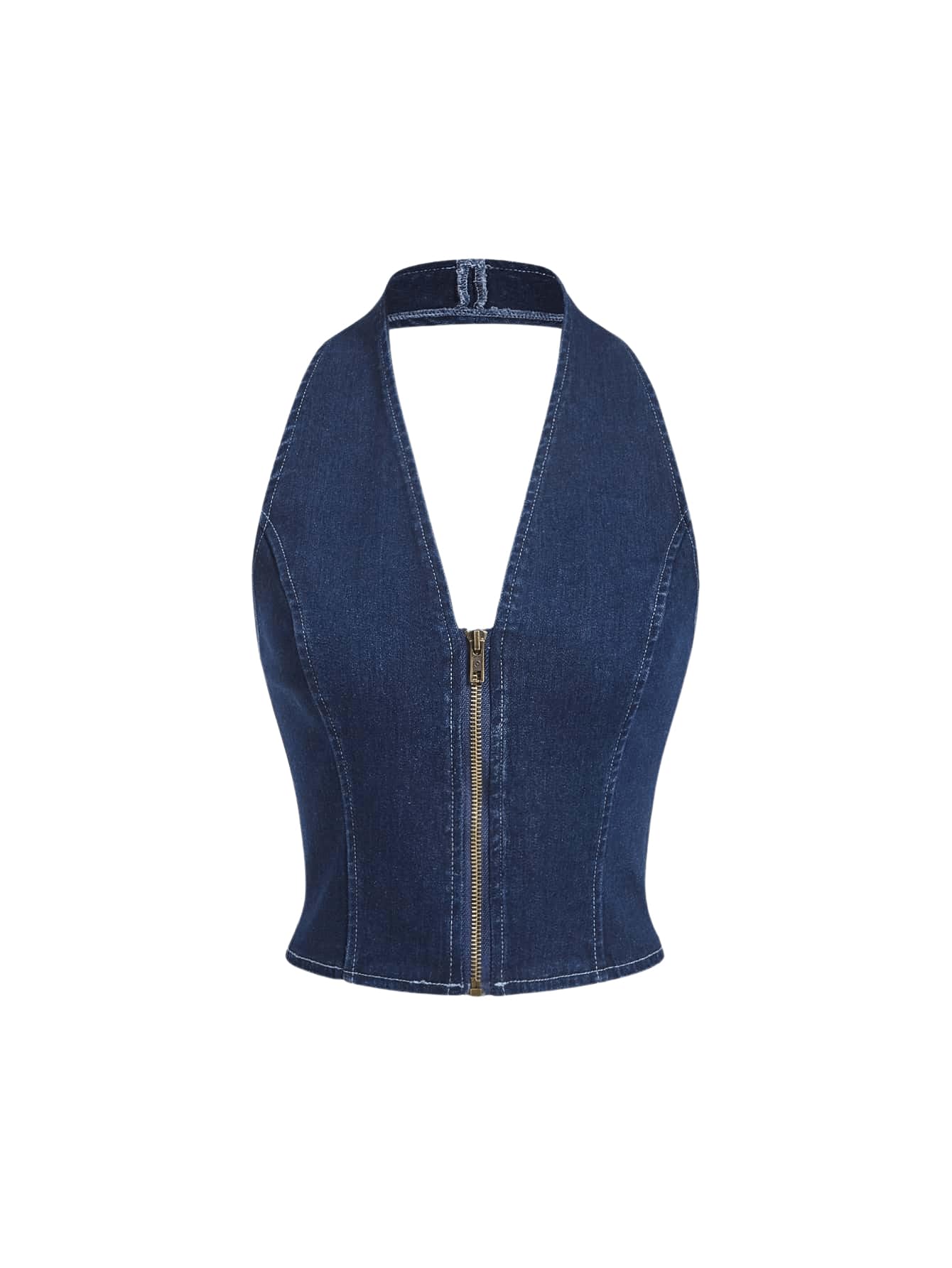 Milumia Womens Sexy V Neck Denim Halter Top Zip Up Fitted Cropped Vest Tank Tops