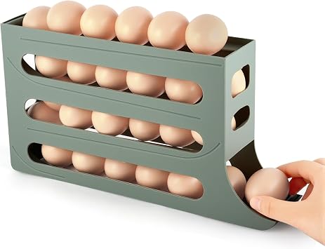 HOTUT 4 Tier Egg Holder for Fridge,Rolling Egg Dispenser Rack,Space Saving Egg Tray,Auto Rolling Fridge Egg Organizer,Automatically Rolling Egg Storage Container for Kitchen Refrigerator Table Gray