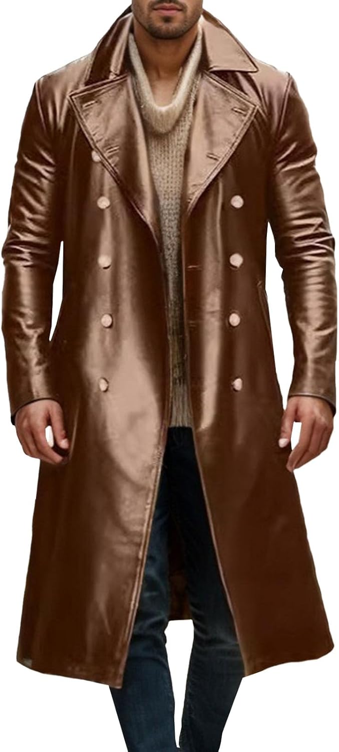 Maiyifu-GJ Mens Faux Leather Trench Coat Long Overcoat Full Length Fashion Vintage Open Front Cardigan Jacket