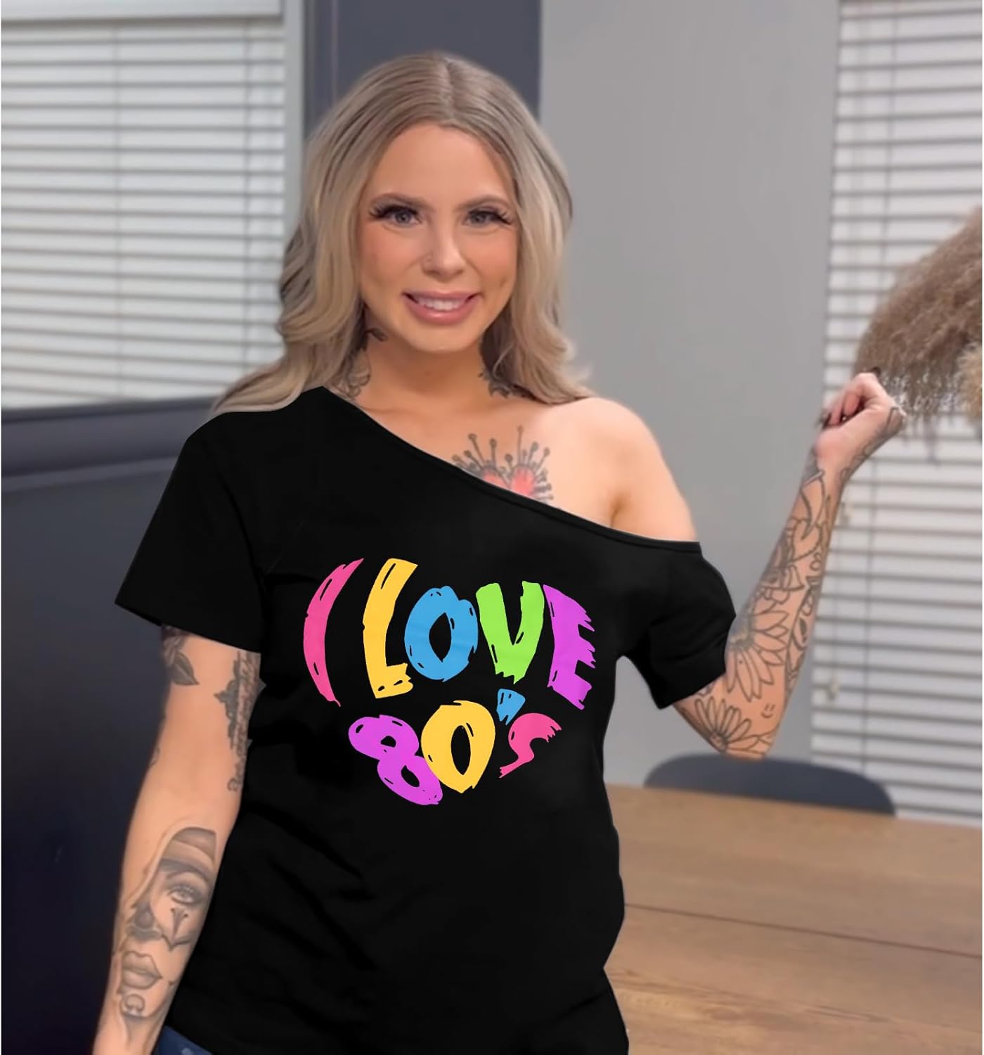 80s Outfit for Women 80's Retro Theme Party Shirts Vintage Disco Outfits 1980s Clothes 90s Neon Off Shoulder Tops - Image 3