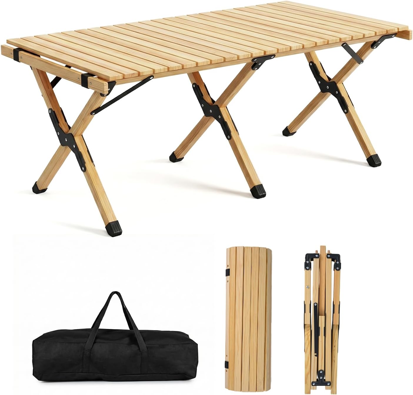 COSTWAY Folding Picnic Table, Portable 4ft Roll Up Camping Table with Storage Bag, for 4-6 People, Low Height Foldable Pine Wood Bench Table, for Indoor & Outdoor Party, BBQ & Hiking