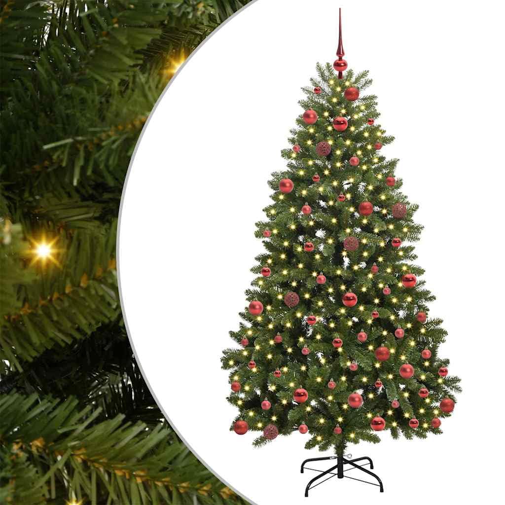 Sztuczna choinka zielona, 180 cm, PCW i metal, z 300 diodami LED o ciepłej białej barwie, 8 trybów, do użytku wewnątrz i na zewnątrz, łącznie z kulkami
