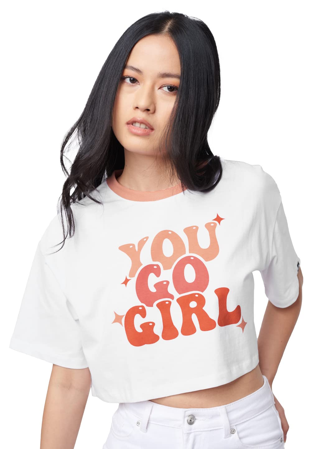 The Souled StoreWomen TSS: You Go Girl White Printed Oversized Cropped T-Shirts