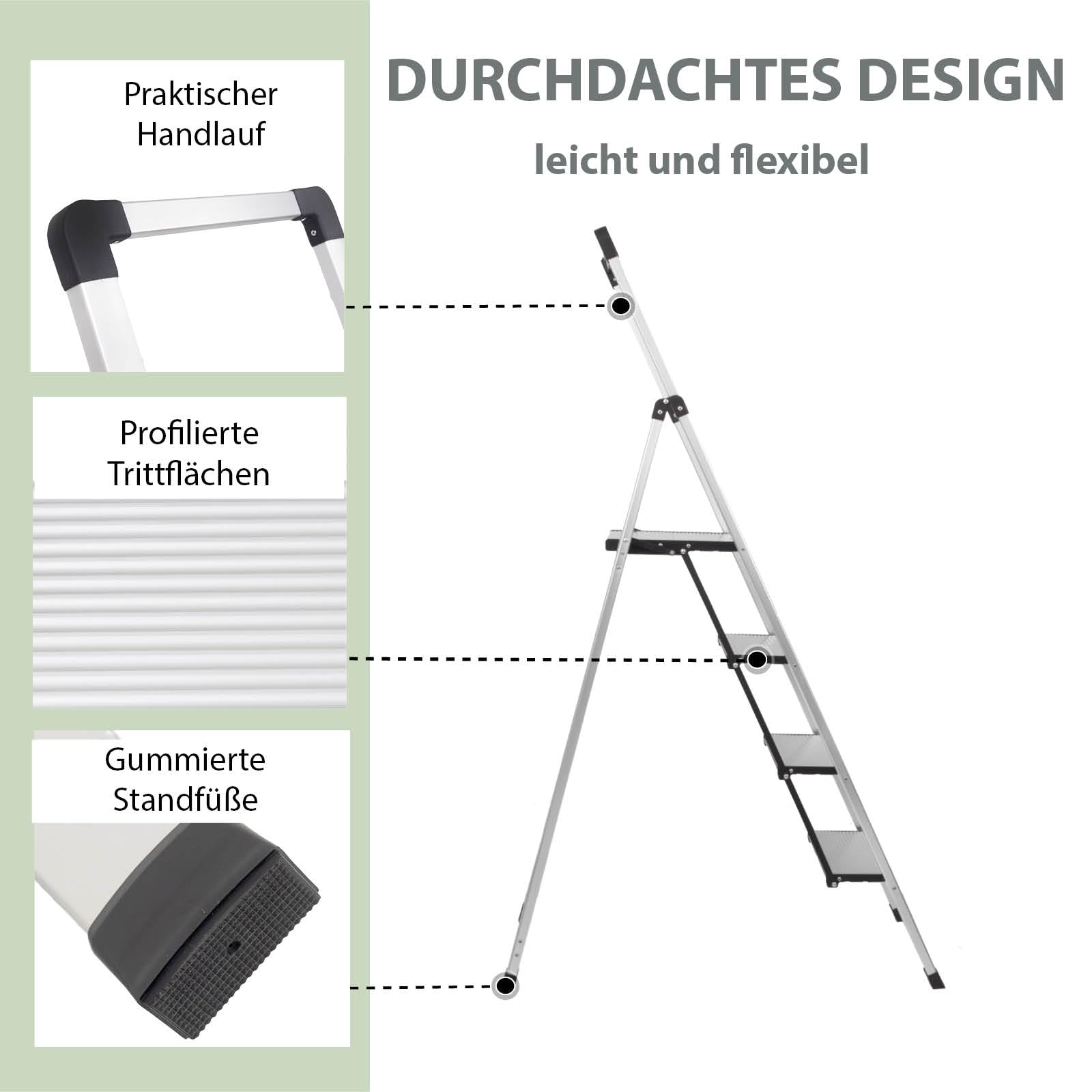 TRUTZHOLM Alu Trittleiter 4-stufig klappbar bis 150 kg Traglast Aluminium Silber Anti-Rutsch Trittflächen TÜV/GS Klapptritt 5,6 kg leicht platzsparend 5 cm schmal (Schwarz, 4 Stufen)
