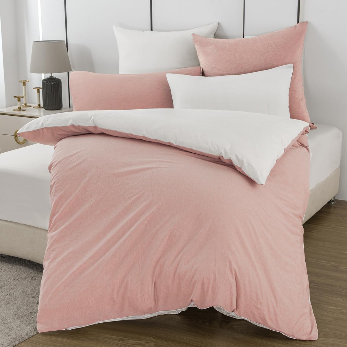 Biancheria da letto 140 x 200 cm, in cotone rosa/bianco, set di biancheria da letto da 2 pezzi, morbido, 100% cotone lavato, include 1 copripiumino da 140 x 200 cm e 1 federa da 80 x 80 cm con