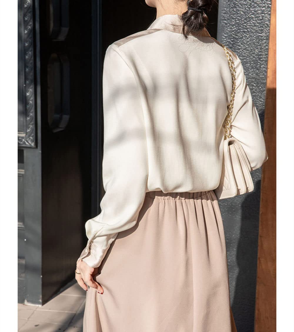 Parte Superior Elegante,Elegante Blusa De Color En Contraste para Mujer, Camisa Blanca De Túnica De Satén, Camisa De Manga Larga, Blusa De Gasa, Chaqueta De Verano, Blusa Informal De Negocios para O