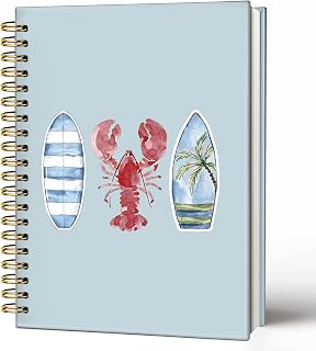 Beach Ocean Coastal Notebook Lobster Surfboard Journal for Women | Cute Summer Travel Journal Gifts for Women Girls, Preppy Blue Writing Diary Hardcover Spiral Notebooks 5.5x8.3 Inch