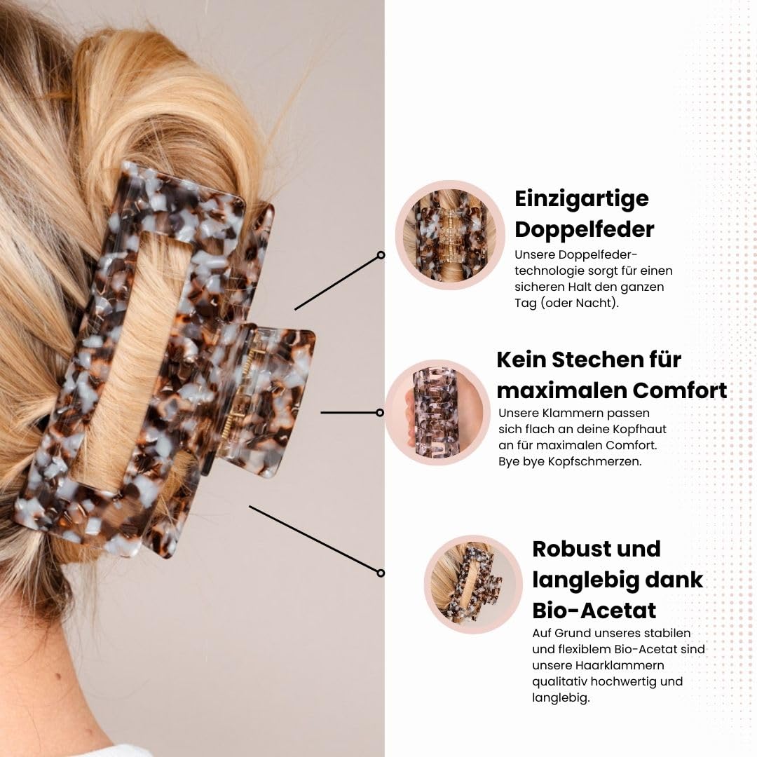 XL Haarklammer (12,5 cm) – innovative Doppelfeder-Technologie, extra starker Halt für dickes & langes Haar – handgefertigt aus Bio-Acetat – komfortabel & kopfschonend (braun)