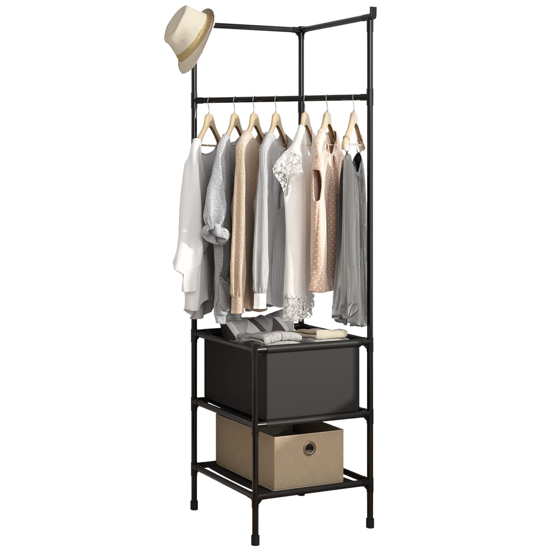 ORCHID M® Coat Rack Freestanding Closet Organizer,Simple Hall Tree with 2 Storage Shelves, Corner Storage Organizer, for Entryway, Bedroom, Black