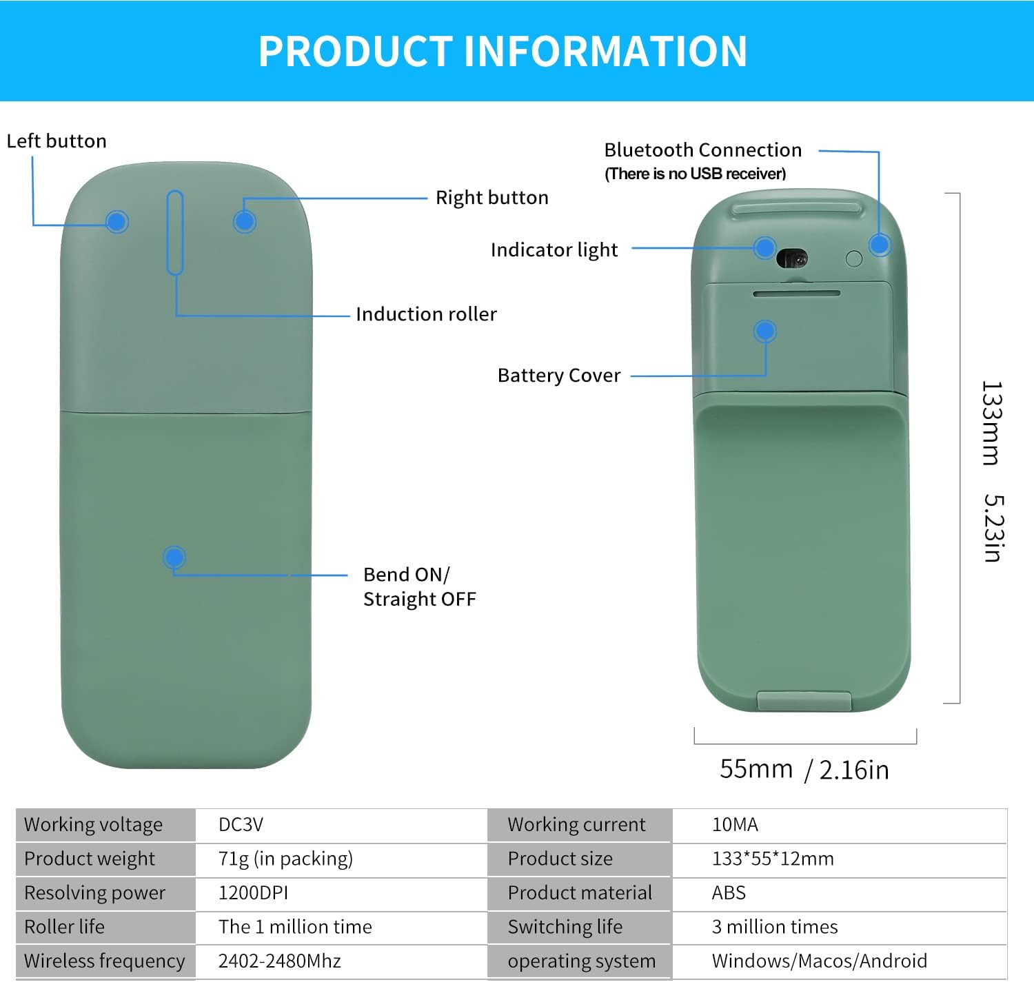 Diagram of HXSJ Wireless Foldable Bluetooth Touch Mouse m52 with labeled components and dimensions.