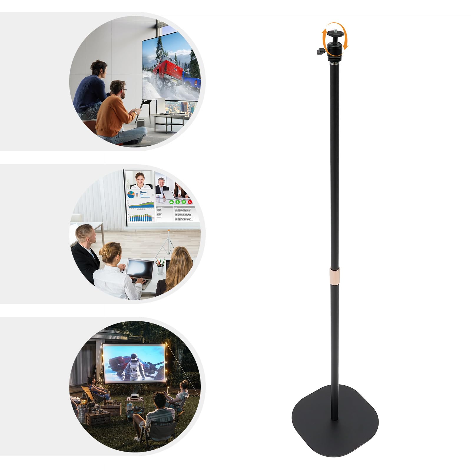 Support de projecteur réglable en hauteur de 65 à 120 cm, pivotant à 360° et inclinable à 90 ° avec pied en métal stable, support universel pour home cinéma, bureau et présentations