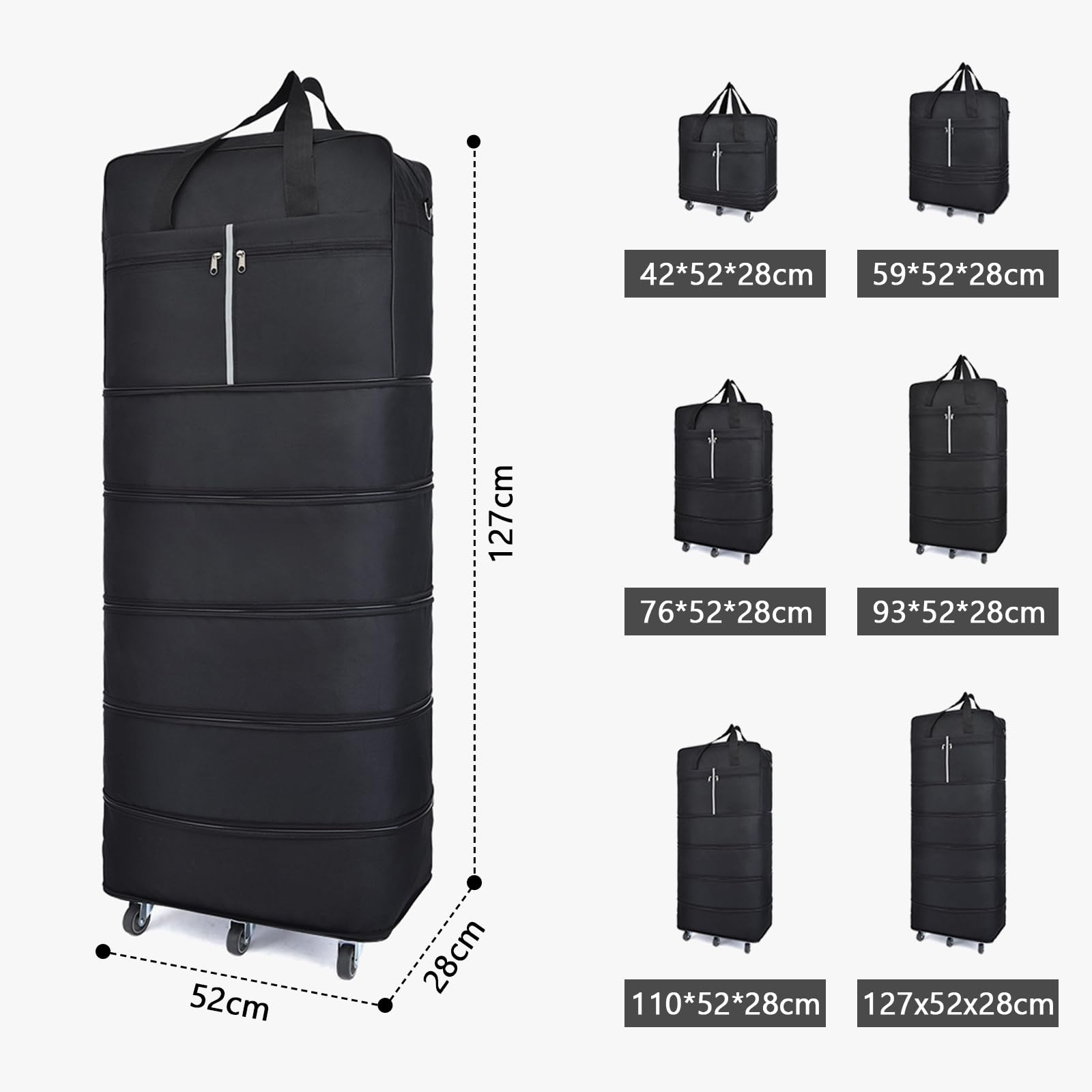 Valises de 185 L avec roulettes - Grand sac de voyage extensible et pliable - Sac de voyage pliable pour homme et femme - Léger - 127 cm x 52 cm x 28 cm