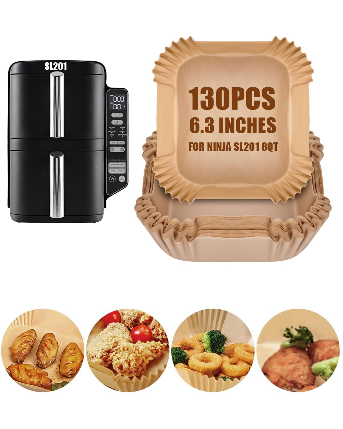130PCs Air Fryer Liners Disposable for Ninja DoubleStack 2-Basket Air Fryer SL201 8QT, MMH 6.3 Inches Food-Grade Baking Parchment Paper Ninja Double Stack Inserts Accessories