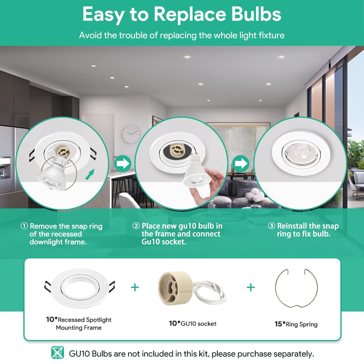 Tailcas Marco Foco Empotrable GU10, 10 Pack Blanco Marcos Focos Downlight LED Empotrable Redondo con Portalámparas GU10, Corte Ф 65-80mm, Ángulo basculación 30°, Para 50mm Lámparas De Led O Halógena