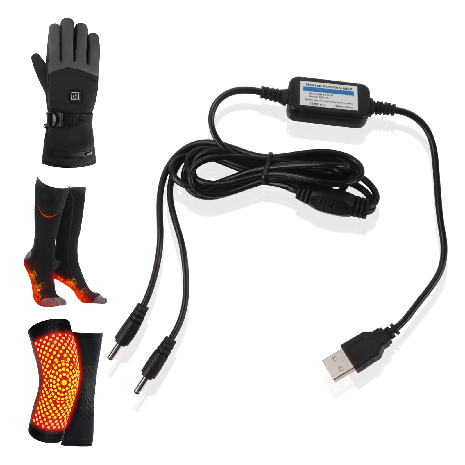 Yorikyas 4.2V Heated Gloves Charger USB Adapter Cable for Gloves Socks Rechargeable Lithium Polymer Batteries Charging(Not Include Battery)