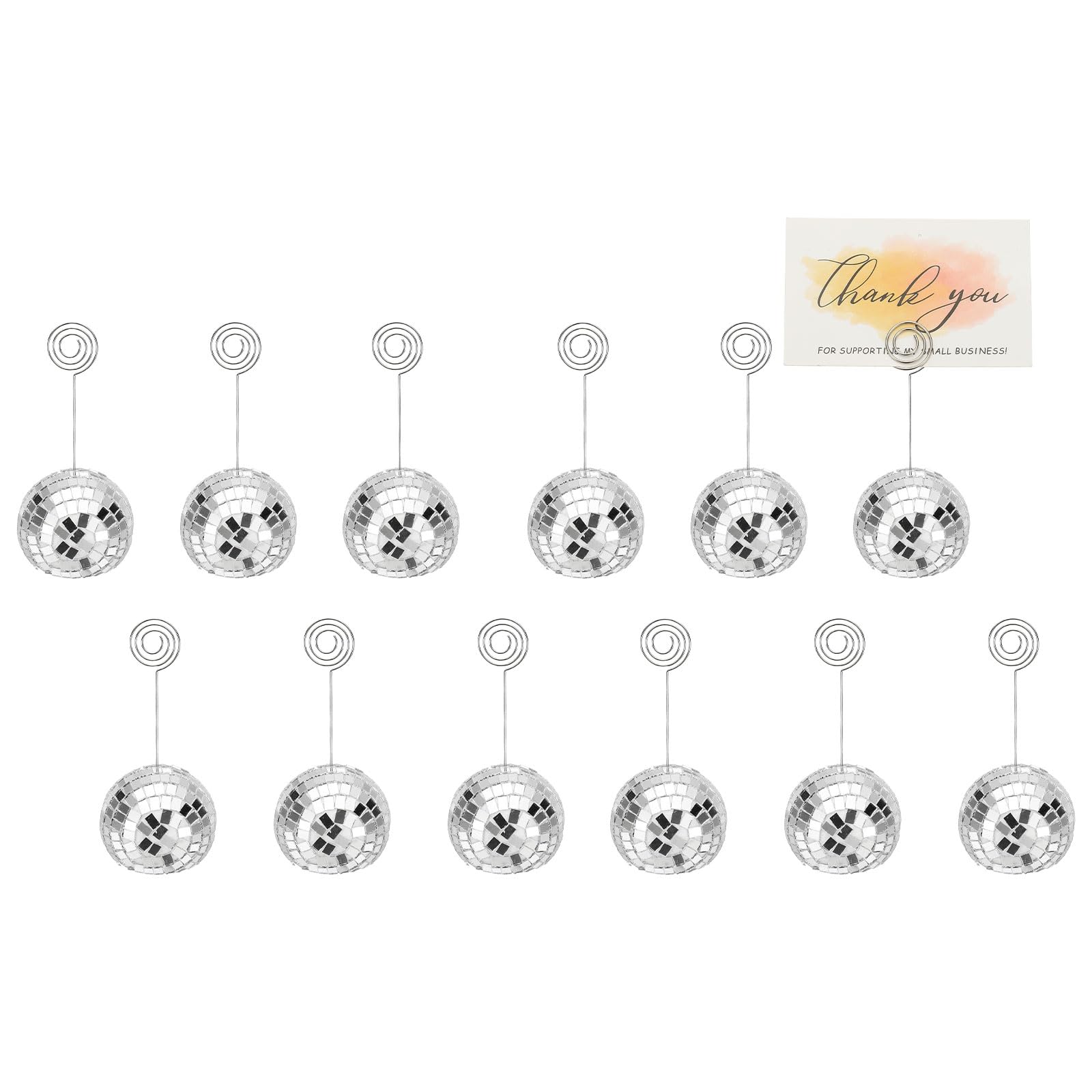 PATIKIL 2 Inch Disco Ball Place Card Holder, 12Pcs Disco Table Sign Holder Table Number Holders Name Card Stands with Clip for Decor Photo Menu Display Wedding Birthday Party, Silver